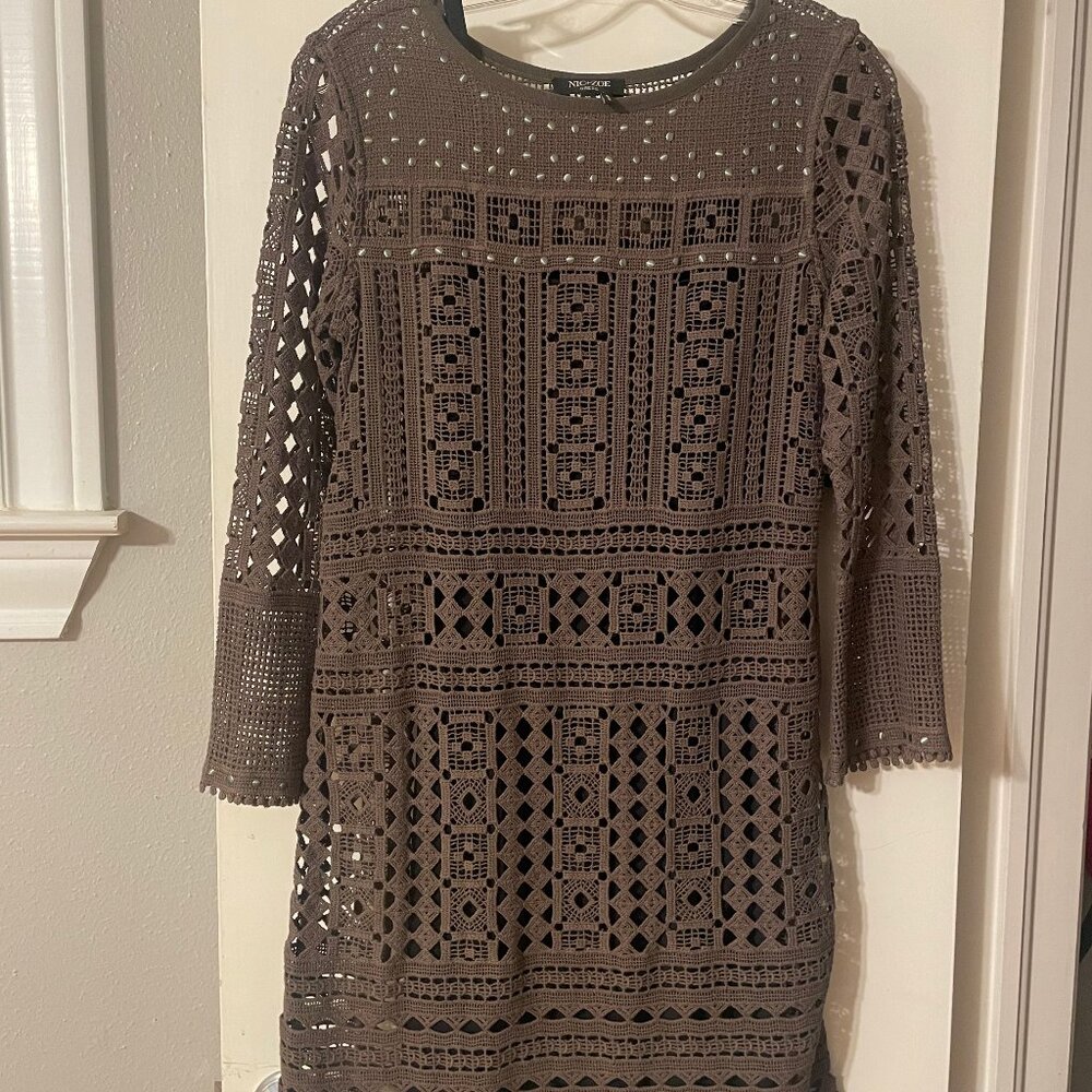 Nic+Zoe Crochet Taupe Long Sleeve Dress Brown Size PP Double Petite